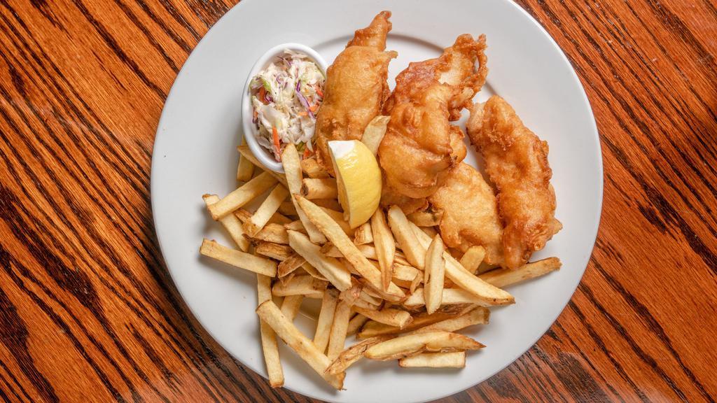 Fish And Chips · Beer batter wild snapper, handcut fries, slaw & malt.