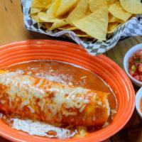 Amoroso Wet Burrito · Your choice of meat rice, beans, salsa, guacamole, and sour cream, topped half green and hal...