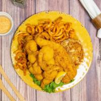 Hautè South Seafood Platter* · Nawlins’ seafood cake/fried catfish/fried shrimp/Old Bay waffle fries/Deep South coleslaw