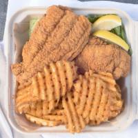 Fried Catfish Platter* · cornmeal dusted Louisiana fillets/Old Bay waffle fries/Deep South coleslaw
