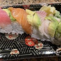 Rainbow Roll · Inside: Crab & cucumber                                                   On Top: Tuna, yell...