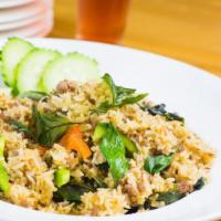 Spicy Fried Rice · Choice of Ground meat, jasmine rice, bell pepper, basil leave, thai chili, garlic.
