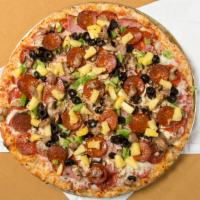 Fatte'S Special · Pepperoni, Italian sausage, ham, linguica, onions, mushrooms, garlic, pineapple, olives, gre...