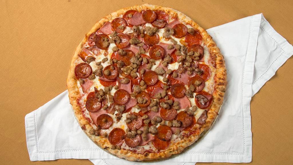 Meat Medley · Pepperoni, sausage, ham, linguica, ground beef, and bacon.
