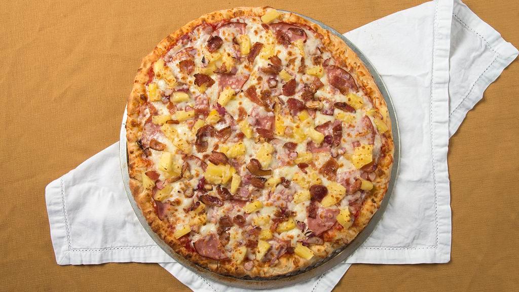 Deluxe Hawaiian · Ham, pineapple, bacon, onions, and extra cheese.