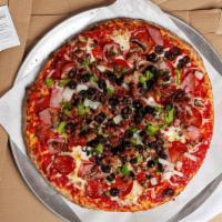 Sticky Fingers · Pepperoni, ham, bacon, onions, Italian sausage, mushrooms, black olives, green peppers.