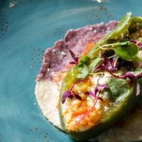 The Relleno Taco · Roasted Anaheim Chile with Tatuma Squash, Corn, Sweet Peppers, Tres Quesos, Salsa Verde and ...