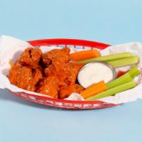 Fried Boneless Wings · (6) Boneless wings drenched in your choice of  sauce, served with celery, carrots, and blue ...