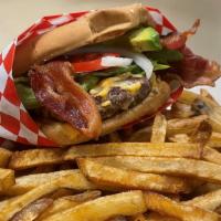 Bacon Avocado Burger With Fries · 