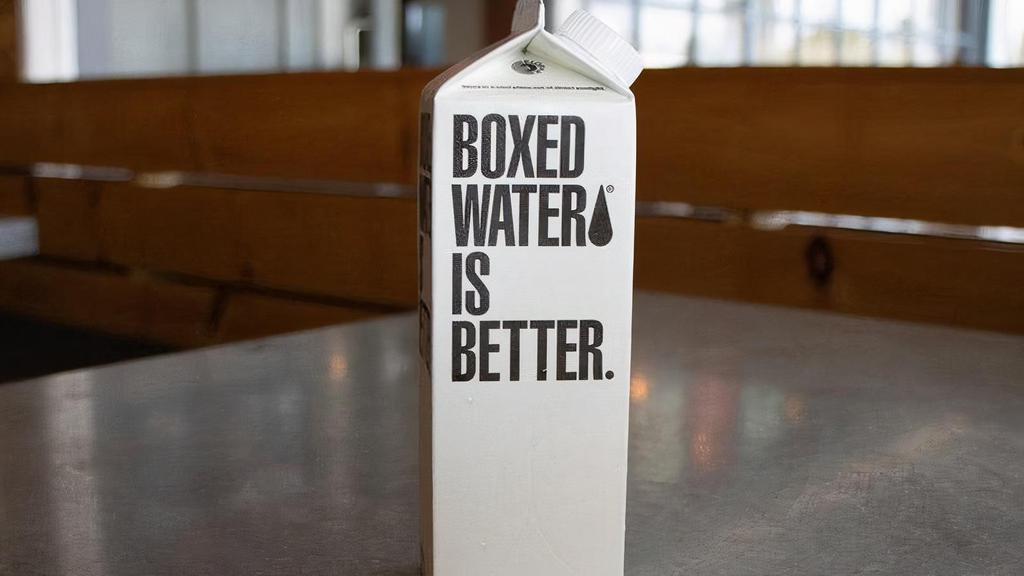 Boxed Water · We don't carry plastic bottles our store because of the amount of plastic bottles discarded in the ocean. Buy some boxed water instead!