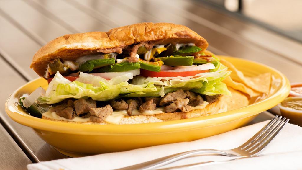 Torta · Meat, Swiss cheese, lettuce, tomato, avocado, mayonnaise, mustard, onions, chipotle sauce, jalapenos and beans.