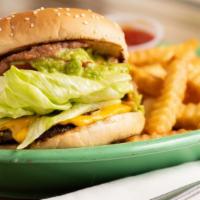 Azteca Burger · One patty, cheese, onions, tomatoes, lettuce, guacamole, jalapeños, chipotle sauce, beans an...