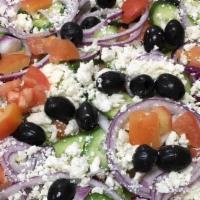 Greek Salad · Romaine lettuce, cucumber, tomato, olives, red onion, feta cheese, pepperoncini, dressing an...