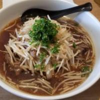 Beef Ramen · Soy flavor. Beef, bean sprouts, onion, green onion, beans sprouts, sesame seeds.