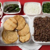 Carne Asada Whole Order · served with choice of meat along with onions cilantro 8oz salsa 8oz guacamole 8 tostadas.