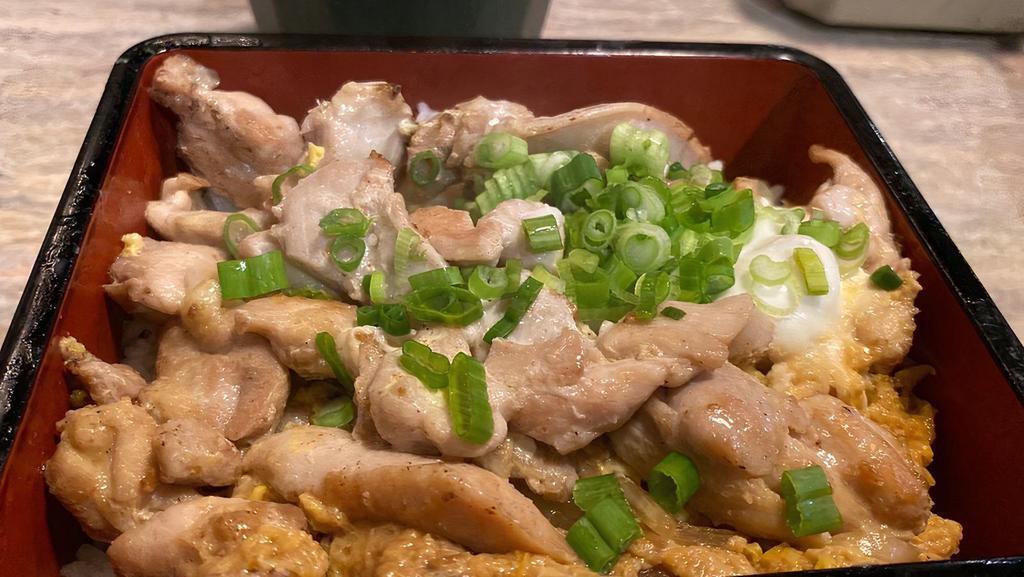 Oyako Don · Chicken, egg and vegetables simmered with sauce over rice.