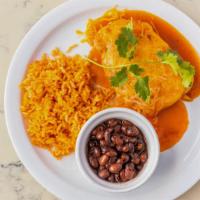 Chile Relleno · Poblano pepper stuffed with chicken cheese battered and fried.