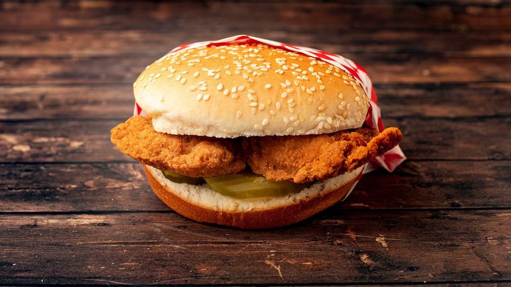 Original Chicken Sandwich · crispy breaded chicken strips w/pickles and with your choice of sauce on a sesame seed bun