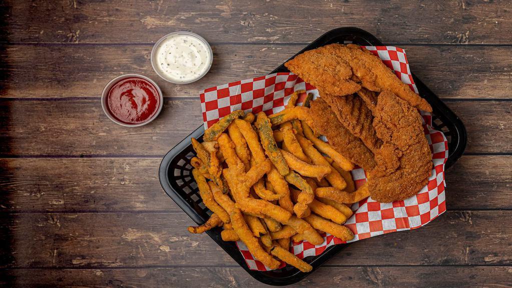 20 Strip Combo · crispy breaded chicken tenders with your choice of 3 sides, 3 dipping sauces, and 3 drinks
