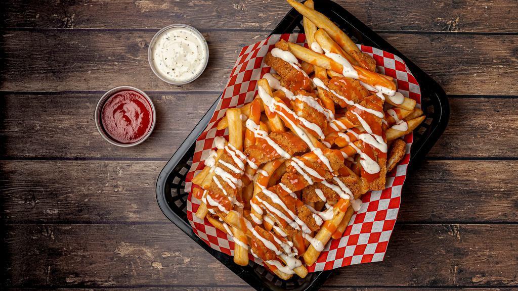 Buffalo Fries · crispy breaded chicken, buffalo sauce drizzle and ranch drizzle.