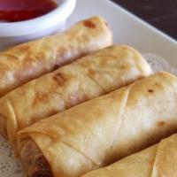 Crispy Spring Rolls (4) · Stuffed with mixed vegetables and glass noodles served with plum sauce.