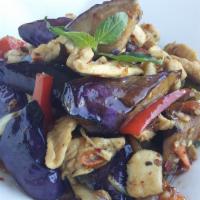 Eggplant · With spicy sauce, bell pepper, and basil leaves.
