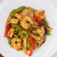 Pad Kee Mow · Spicy flat noodles with green chili and basil leaves.