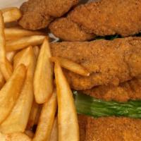 Chicken Tenders · Hand-breaded tenderloins battered and golden fried. Served with fries and your choice of dip...