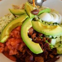 Cobb · Chicken breast, bacon, hard boiled egg, avocado, bleu cheese crumbles, tomato and cucumber o...