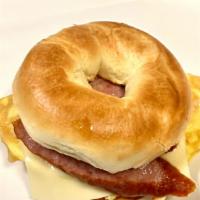 #13. Bagel With Sausage, Egg, Cheese · Toasted bagel with polish sausage, egg and American swiss cheese, mayo.