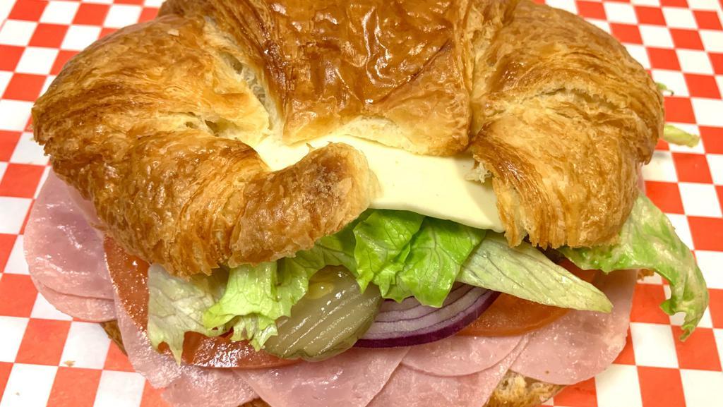 #3. Croissant With Ham & Cheese · Ham, cheese, lettuce, tomato, pickles, onion, mayo, mustard