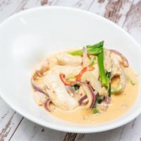 Spicy Basil Chicken · sliced chicken with shitake mushroom, onion, bell pepper, basil in a spicy coconut sauce ser...