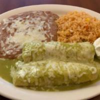 Two Enchiladas Verde Sauce Combination · Two enchiladas served with either cheese, beef, or chicken and topped with our homemade verd...