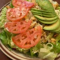Chicken Avocado Salad · Grilled chicken, chopped Romaine lettuce, sliced avocado, shredded Monterey Jack cheese, and...