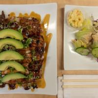 Combo Plate · Teriyaki chicken and beef and  avocado  and grilled veggie over steamed rice
comes  with  sa...