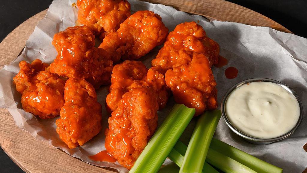 10 Boneless Wings · 10 Boneless chicken wings deep fried with our Fazoli's seasoning blend and tossed with your choice of our signature flavors.. Wing orders include a side of celery and choice of ranch or bleu cheese..