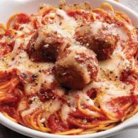 Baked Spaghetti With Meatballs · Spaghetti with Marinara Sauce loaded with Mozzarella Cheese and baked to a golden, bubbly pe...