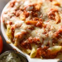Baked Ziti · Penne with Meat Sauce topped with Mozzarella and Provolone Cheeses and baked to a golden, bu...