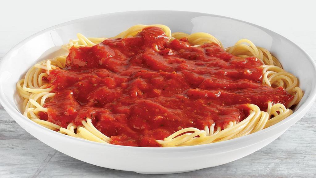 Spaghetti With Marinara · Spaghetti cooked al dente topped with marinara. sauce made with vine-ripened tomatoes, garlic, basil, and oregano.  Dusted with Parmesan cheese.. Includes 2 of our Signature Garlic Breadsticks