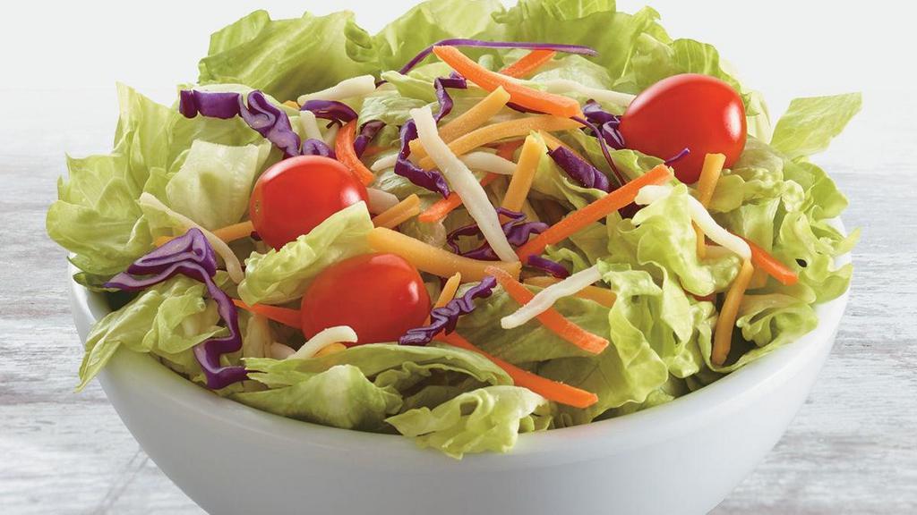 House Side Salad · Crisp Iceberg lettuce topped with Grape Tomatoes, Shredded Mozzarella and Cheddar, Red Cabbage, Shredded Carrots, served with your choice of dressing.