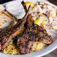 Lamb Chop Plate · Three frenched lamb chops seasoned generously with Greek seasoning and a hint of rosemary, c...