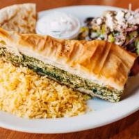 Spanakopita Plate · Spinach pie made with spinach and Feta cheese folded in phyllo dough served with rice pilaf ...