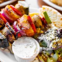 Vegetable Souvlaki Plate · Skewered fresh vegetables cooked over open flame, served with rice pilaf or french fries, Gr...