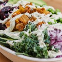Vitality Bowl · farro and red quinoa, power greens blend, avocado, sweet potatoes, red onions, beets, cucumb...