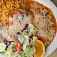 #7. Enchilada Y Relleno · 1 cheese enchilada & 1 chile relleno served with rice, beans & salad