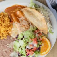 #1. Enchilada Y Taco · cheese enchilada & hard shell taco, served with rice, beans & salad