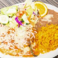 #10. Dos Chiles Rellenos · 2 chile rellenos served with rice, beans & salad