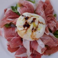 Prosciutto & Burrata · Prosciutto di Parma, mortadella, salami, fresh burrata, mixed baby greens