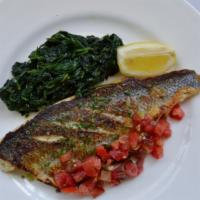 Branzino Filet · Mediterranean sea bass, chopped tomatoes, spinach
