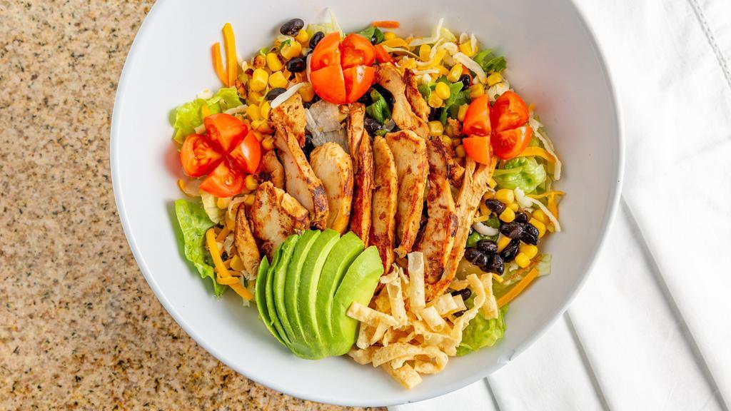 Santa Fe Chicken Salad · New. Grilled chicken breast, corn, black beans, tomatoes, fresh avocado, cheddar jack cheese, tortilla strips served with santa fe ranch dressing.